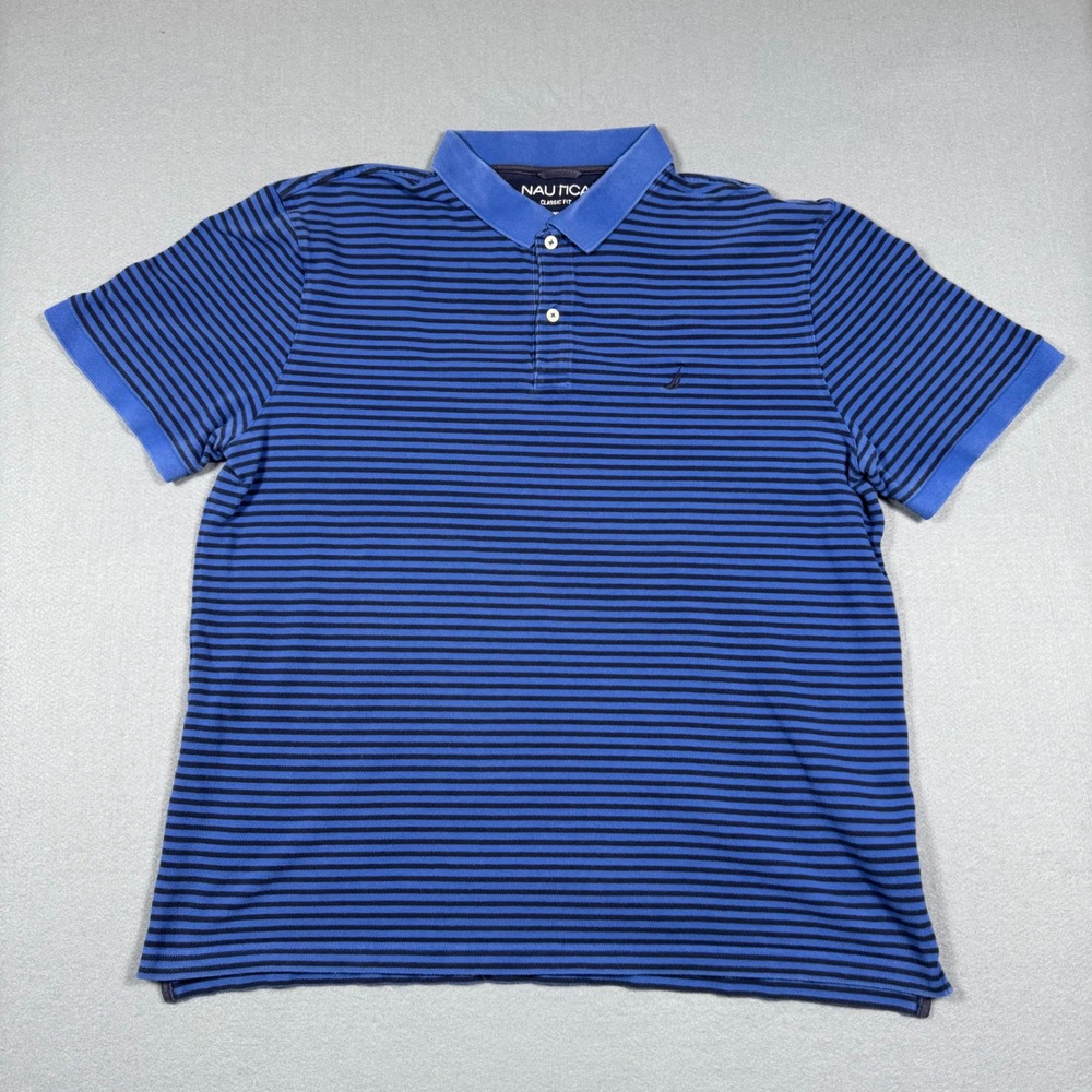 Nautica Mens XXL Blue Black Striped Short Sleeve Classic Fit Polo Shirt